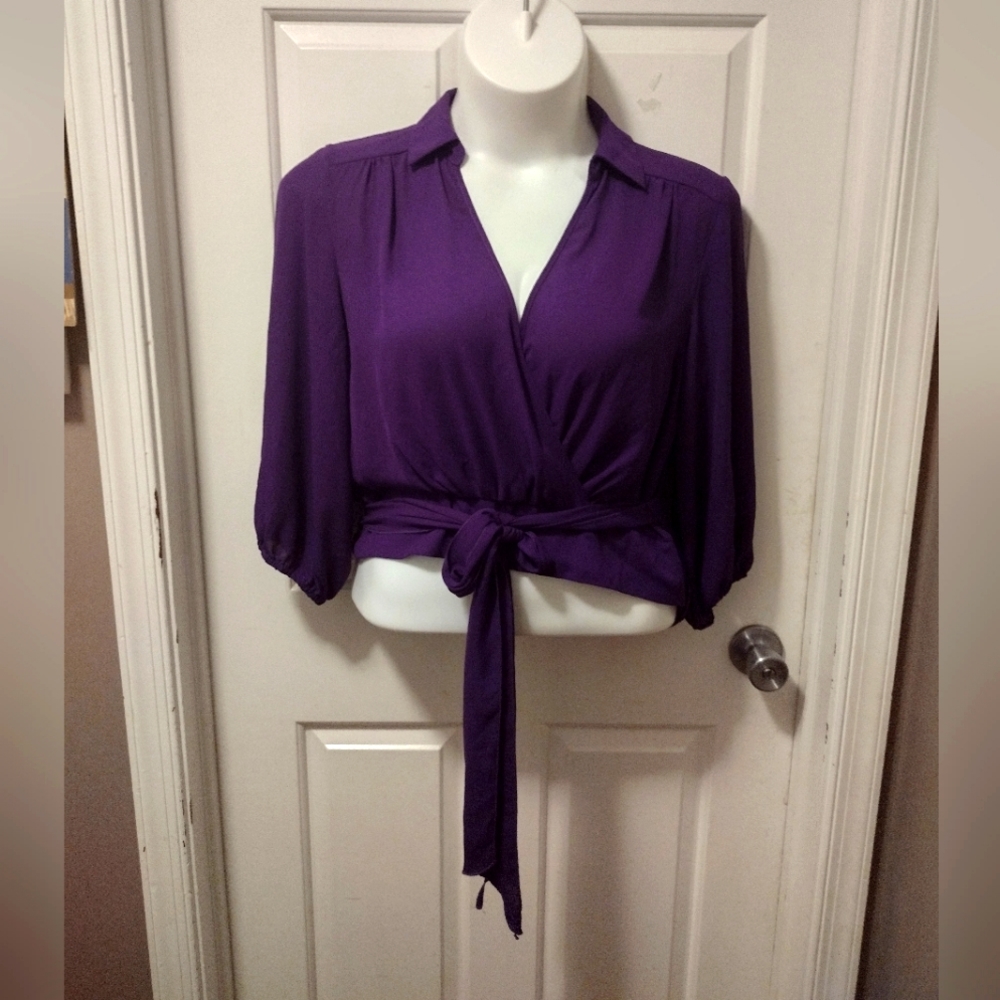 New York & Company Purple Wrap Crop Top